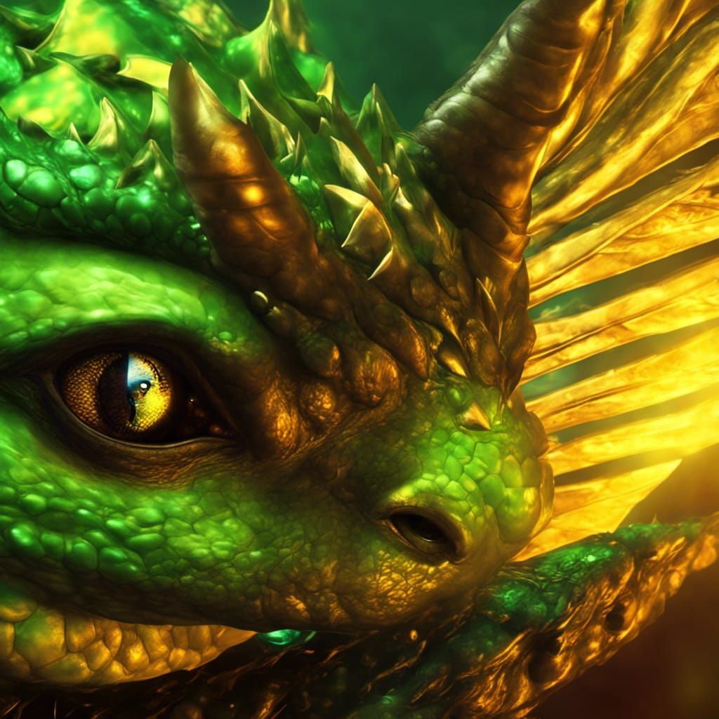 Hyperrealistic Baby Green Dragon with Golden Eyes