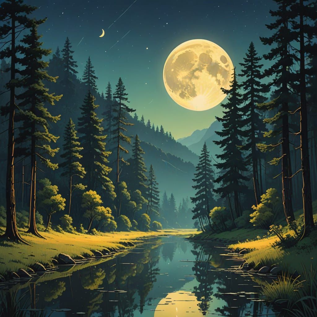 Dreamy Moonlit River Landscape in Futuristic Style
