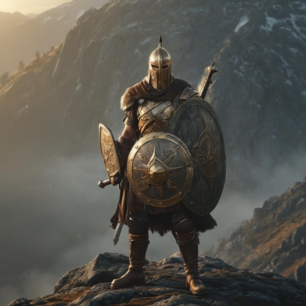Viking Warrior on Misty Peak: Hyper-Realistic Digital Art