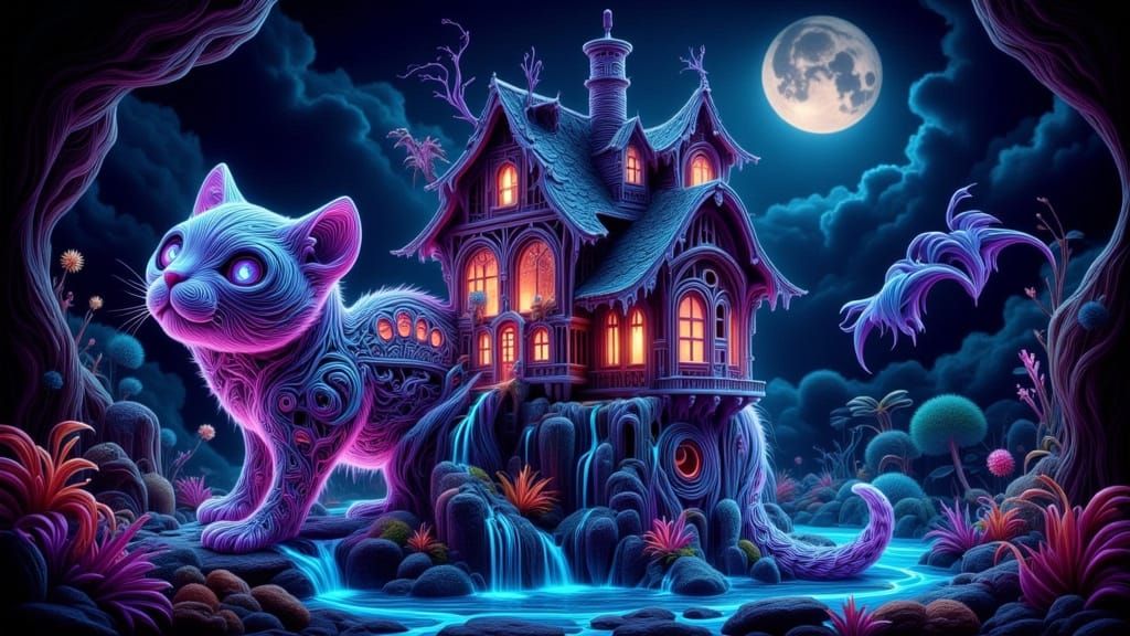 Whimsical Glowing Cat House with Intricate Details