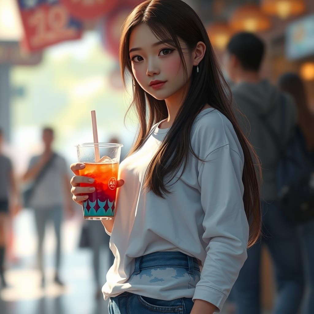 Young Girl with Soft Drink, Detailed Matte Painting