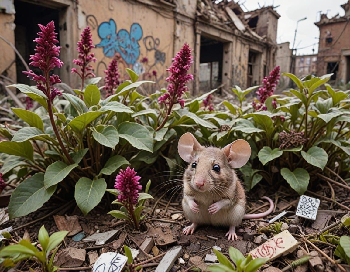 Mouse Hiding in Ruins with Maroon Flowers