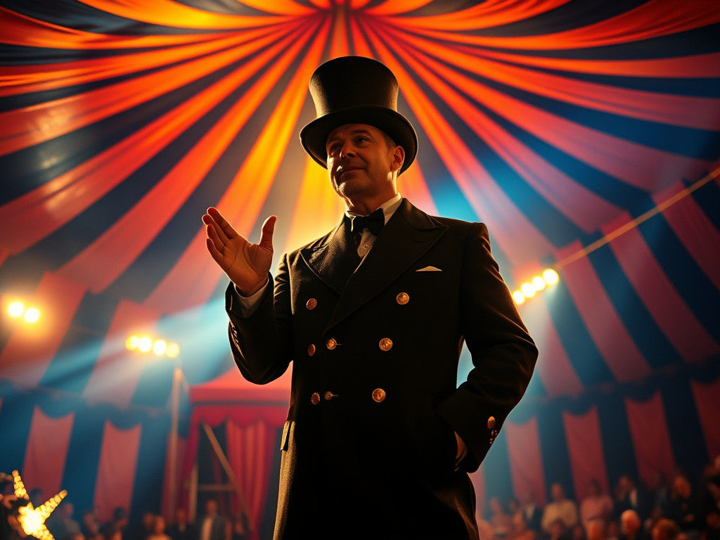 Ringmaster in Orange and Blue Circus Tent