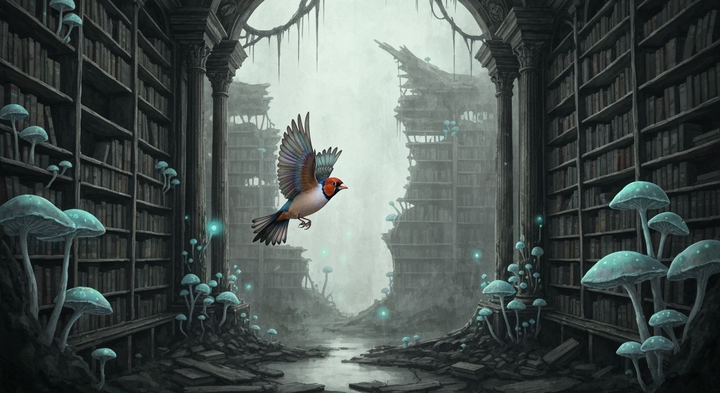 Finch in Ruined Library, Ink Wash Painting Style