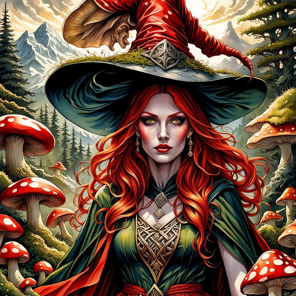 High Gothic Witch in Lush Forest, Watercolor Gouache