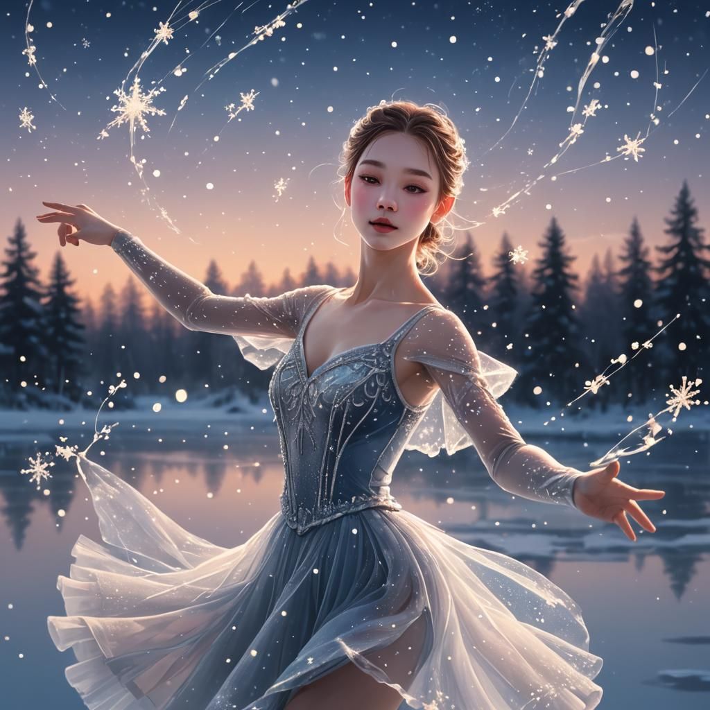 Ethereal Ballet Dancer in Twilight on Frozen Lake