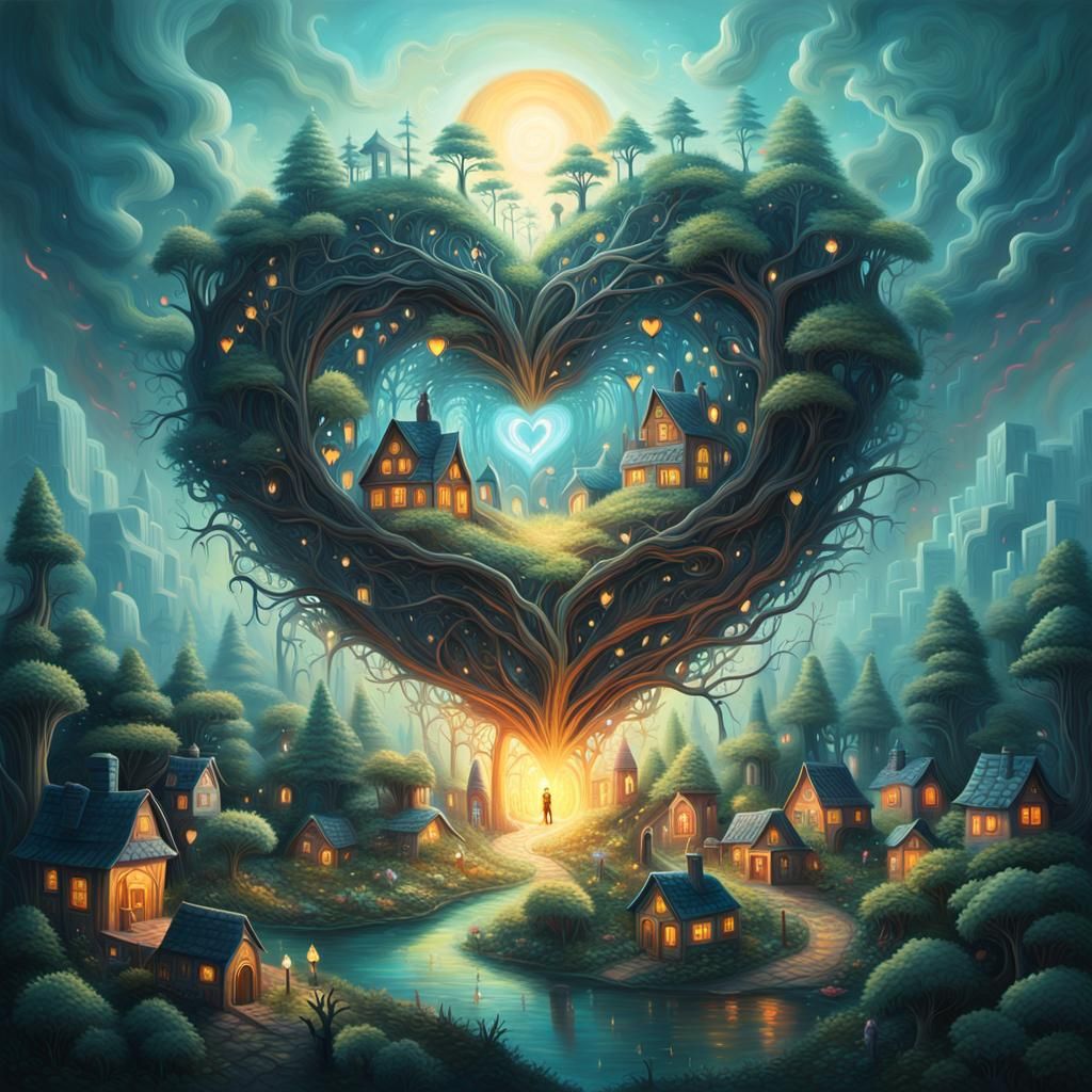 Heart Village in Surrealist Oil Painting Style