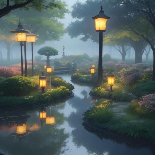 Fantasy Garden Labyrinth with Lanterns: Digital Art