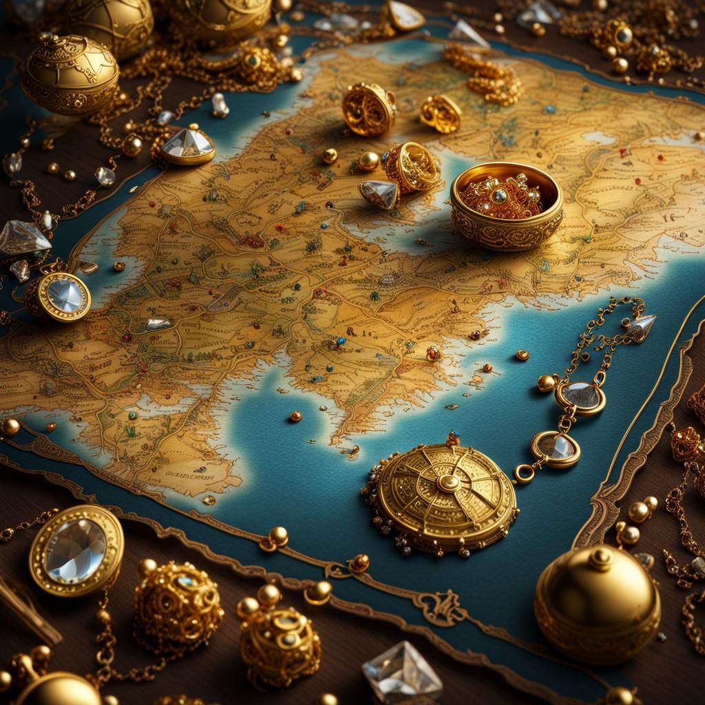 Treasure Map Surrounded by Jewels: Photorealistic Fantasy