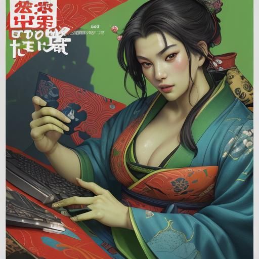 Frog Gamer in Ukiyo-e Style Illustration