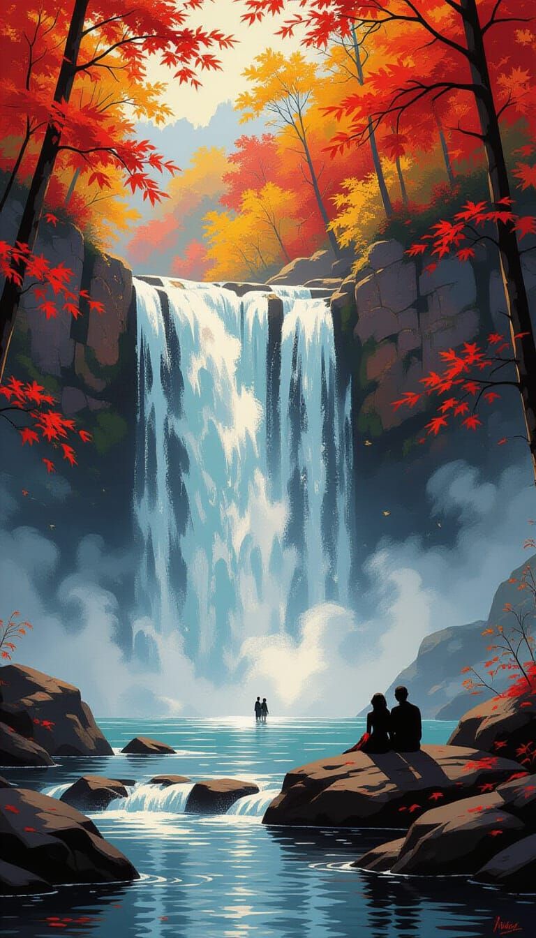 Majestic Autumn Waterfall with Silhouetted Couple