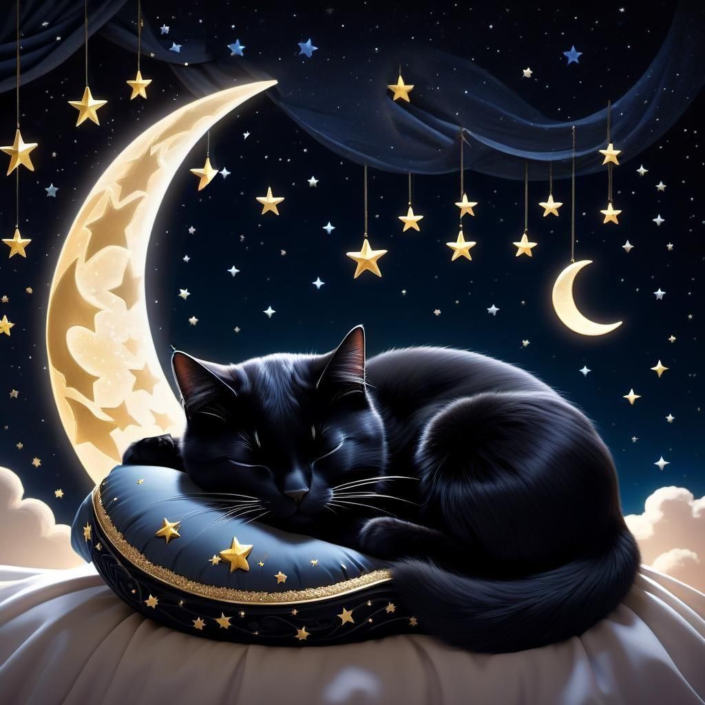Black Cat Sleeping Under Starry Night Sky