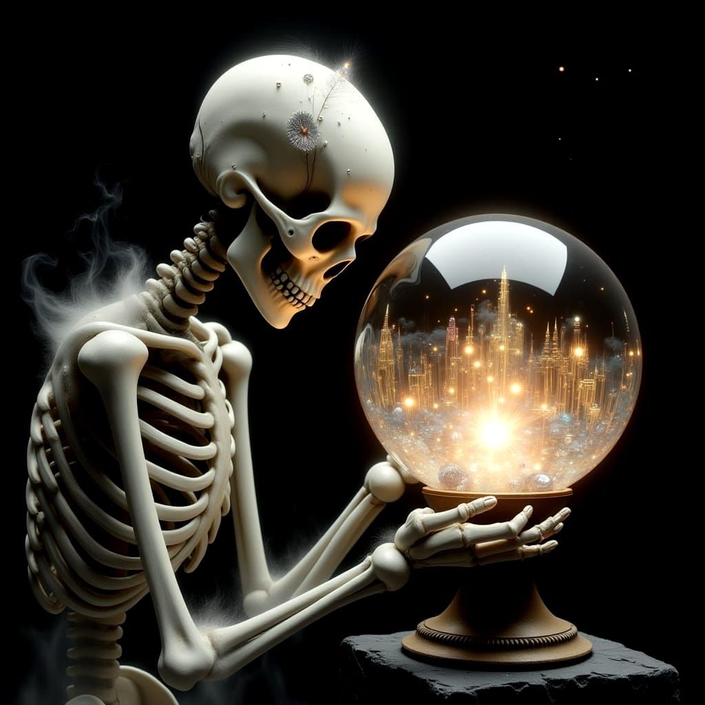 Haunted Skeleton Contemplates Lost Life in Vibrant Crystal B...