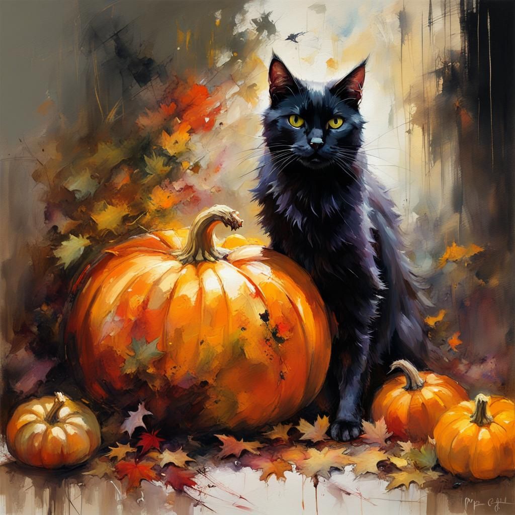 Black Cat and Pumpkin in Autumn Painting
