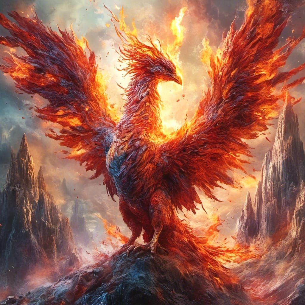 Fiery Phoenix Rising from Ashes