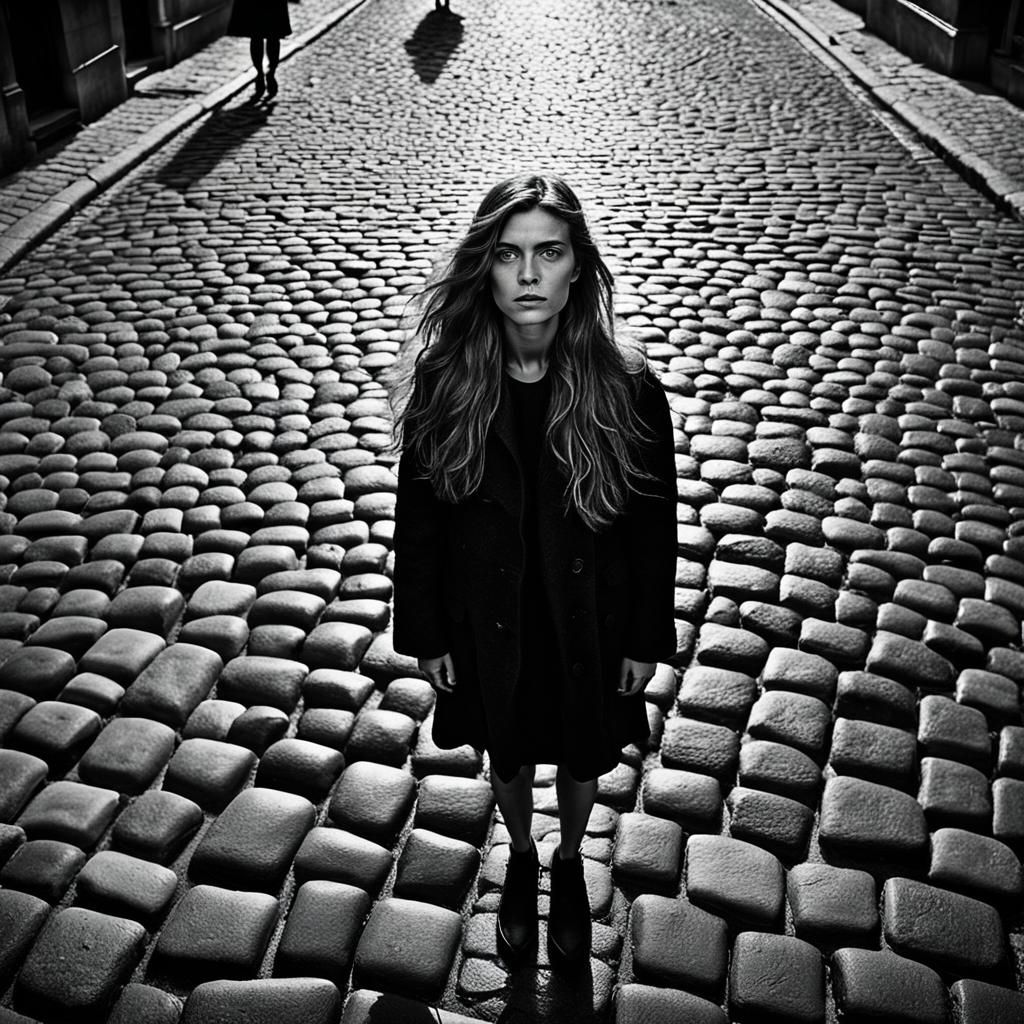 Cobblestone Woman in Surreal Grayscale Photography