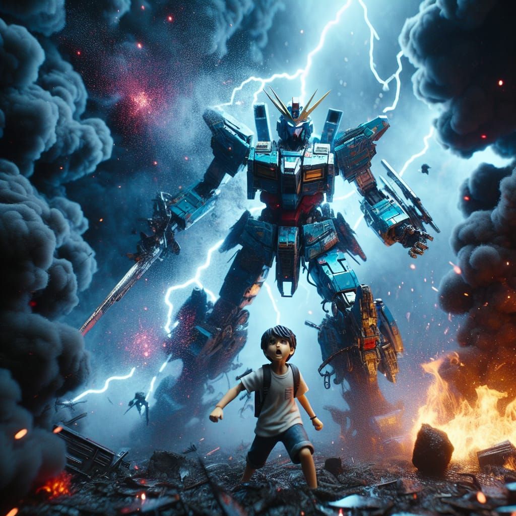 Samurai Mecha Rescues Boy in Fiery Disaster