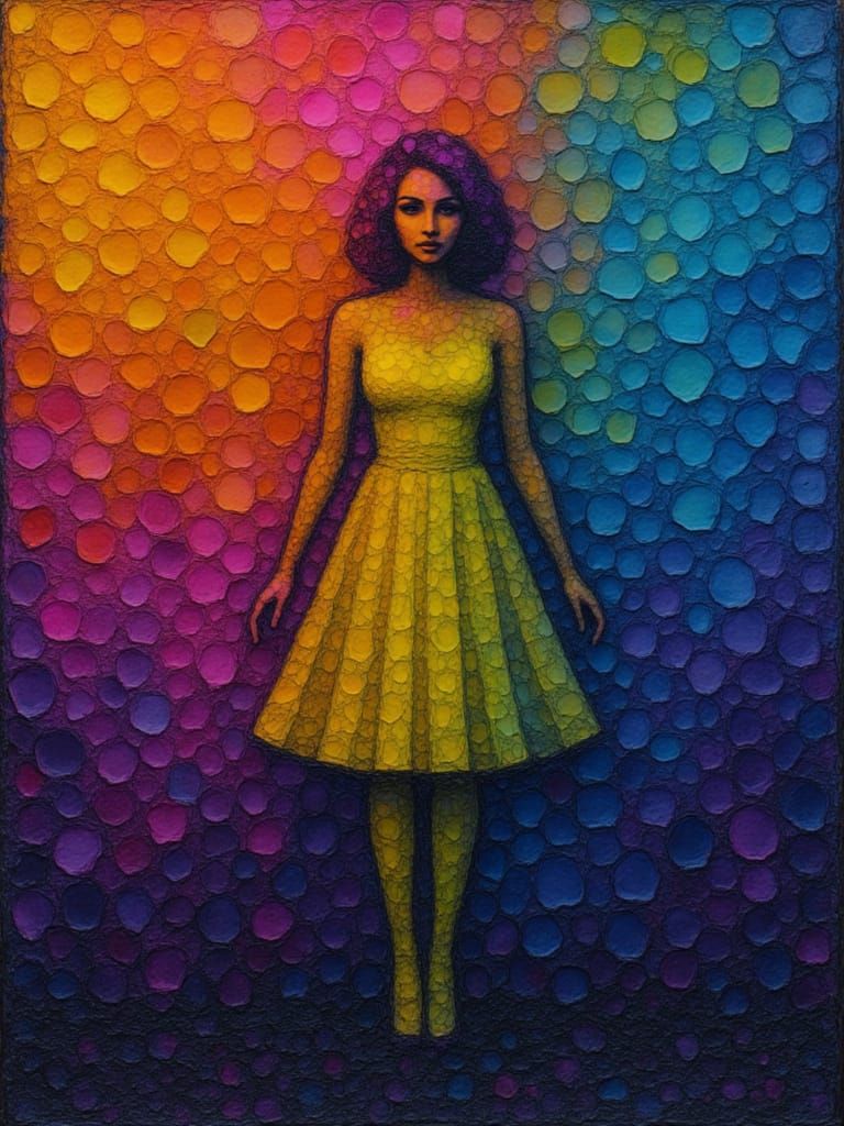 Woman Endures Hailstorm in Textured Blob Art Style