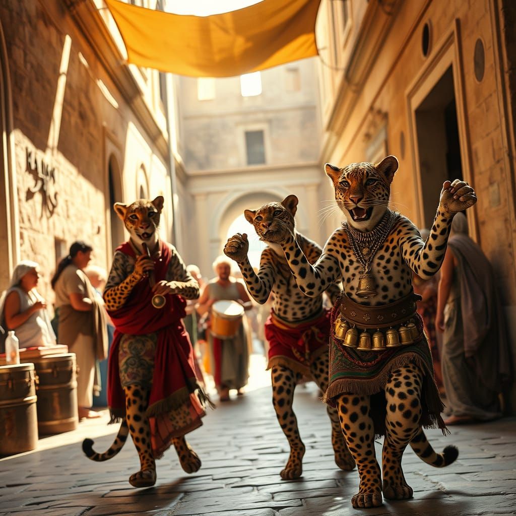 Ancient Roman Alleyway with Leopard Musicians