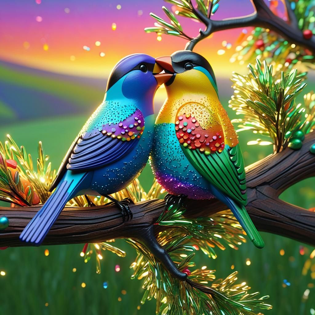 Folk Art Birds with Setting Sun in Candy Style