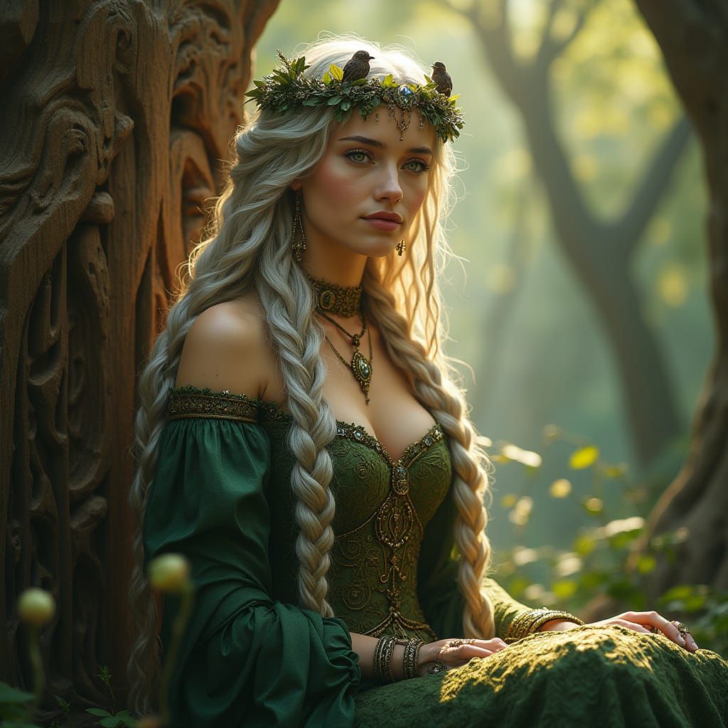 Regal Tiefling Queen on Forest Throne