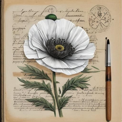 Botanical Ink Drawing of Poppy in Ancient Journal