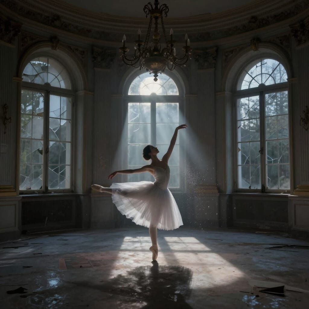 Ballet Dancer in Moonlit Ruined Ballroom
