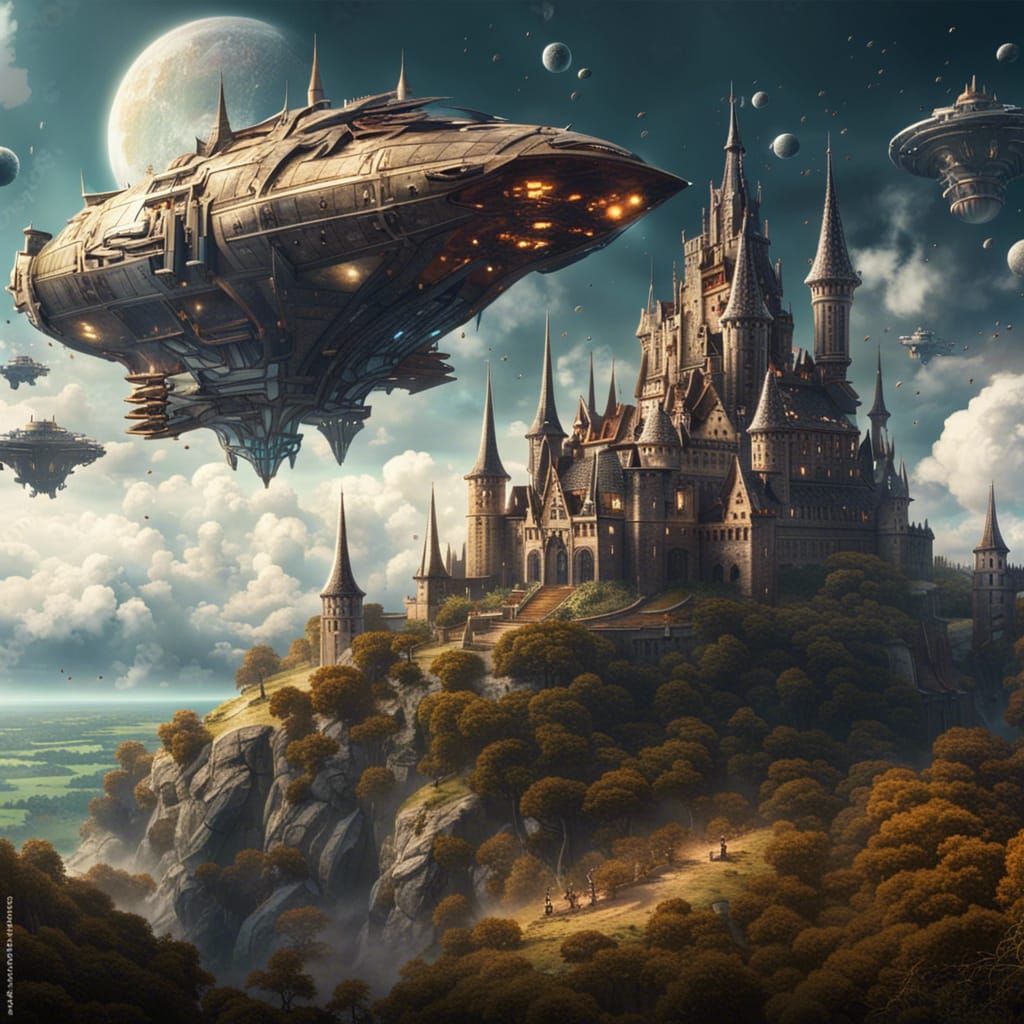 Medieval Castle with Futuristic Spaceships