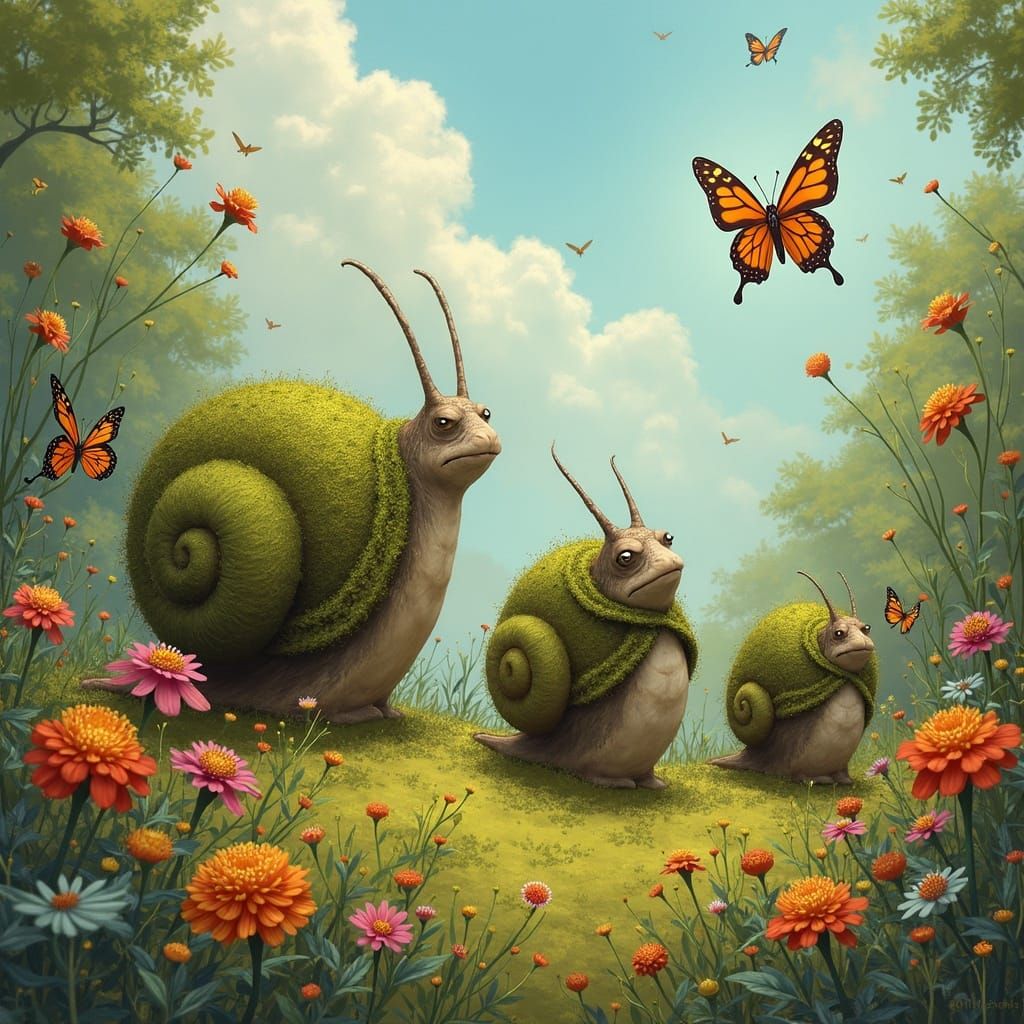 Mossy Snails Envy Butterflies in Whimsical Scene