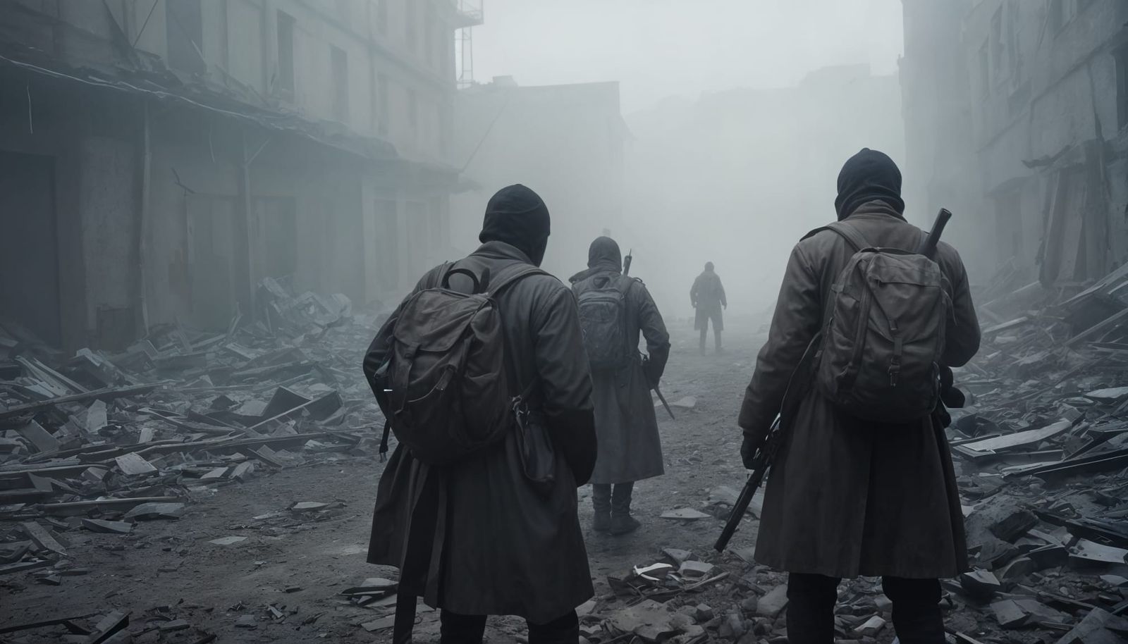 Dystopian Horror Scene: Travelers Hiding from Monstrosity