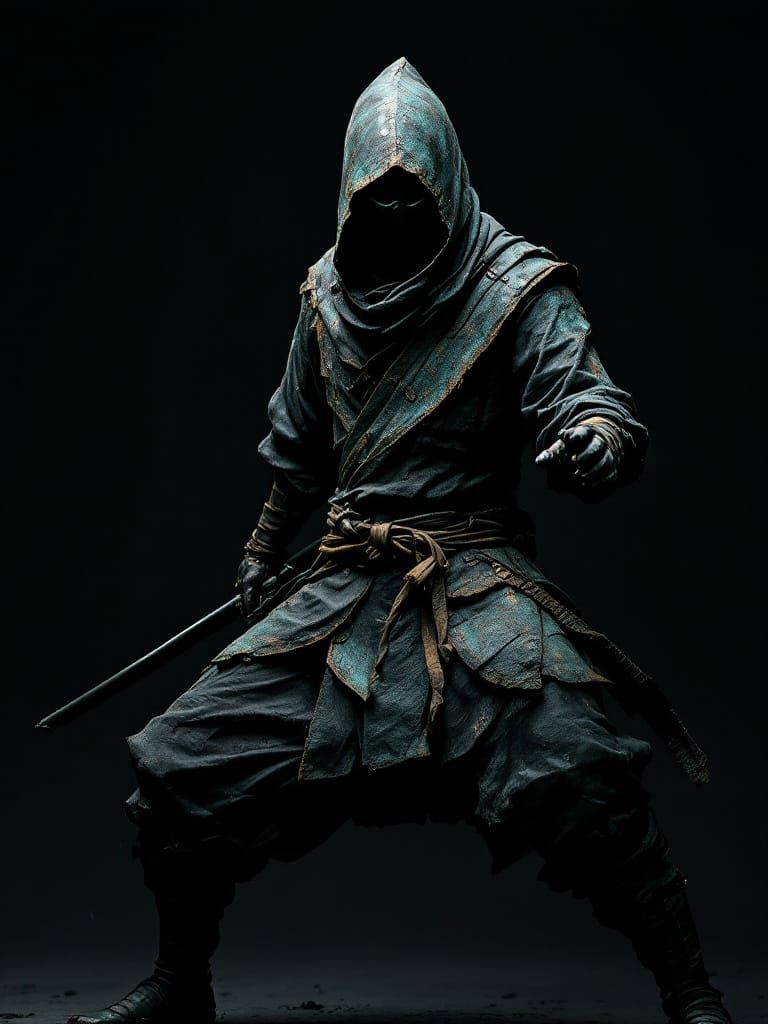 Bronze Ninja Statue in Fighting Stance as Glitch Art