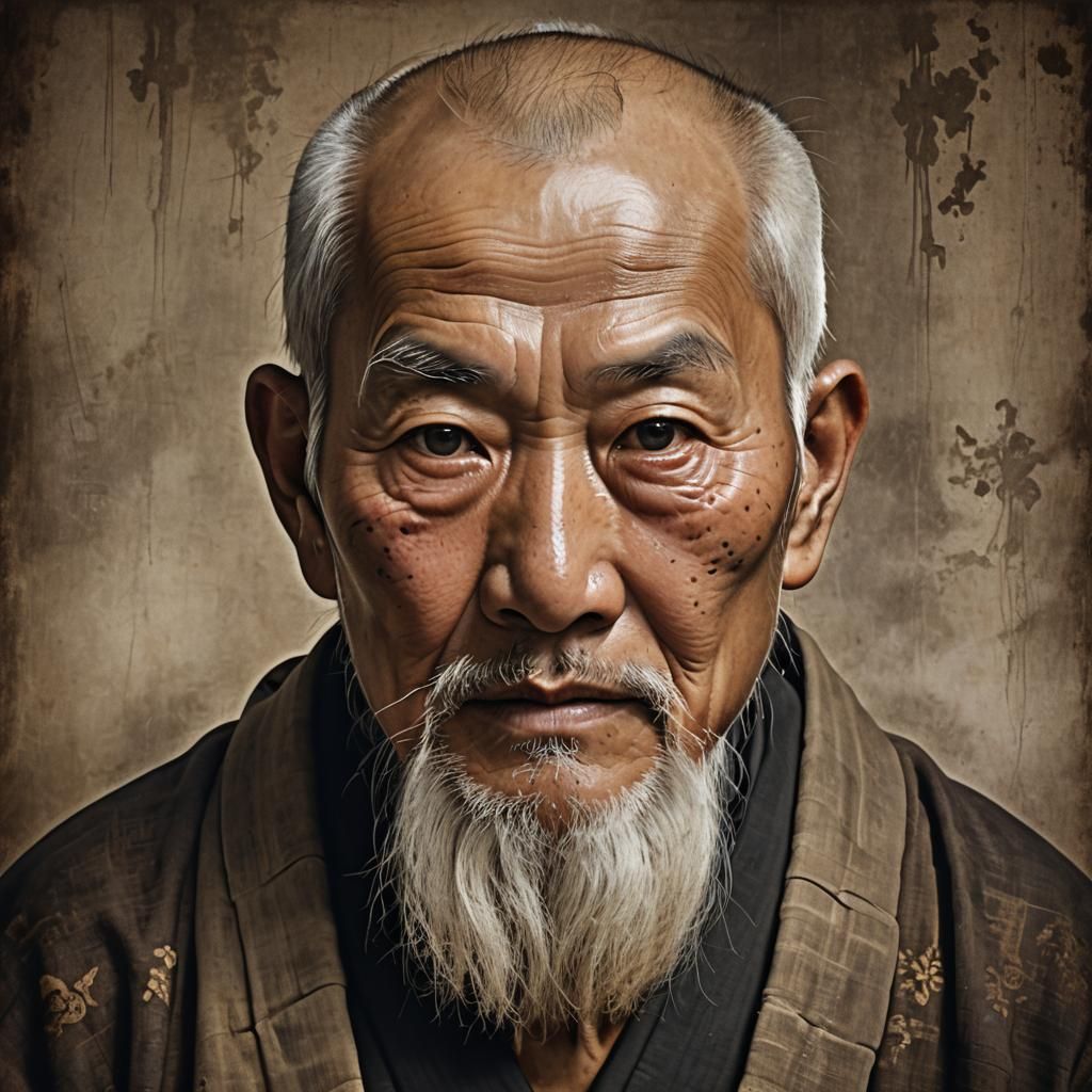Elderly Japanese Priest Portrait with Piercing Gaze