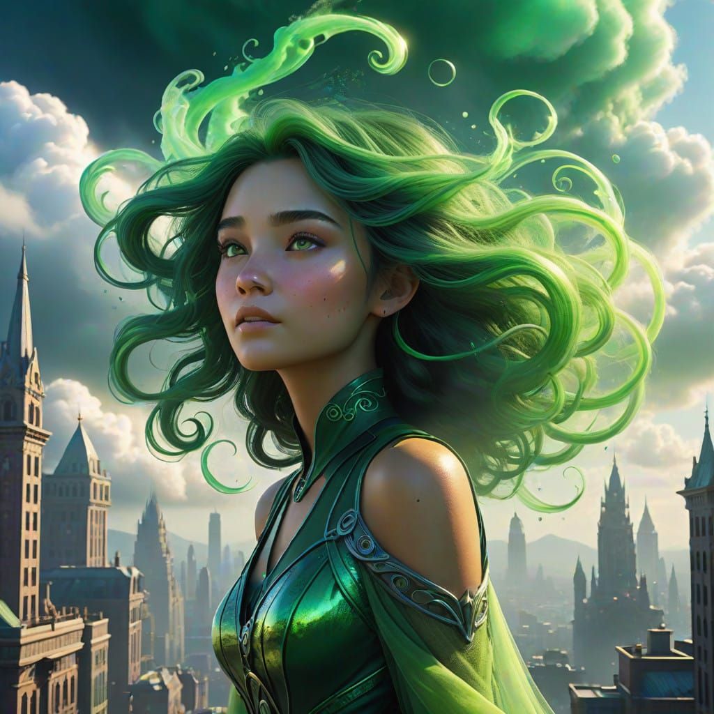 Whimsical Green Cloud Cityscape with Majestic Air Elemental...