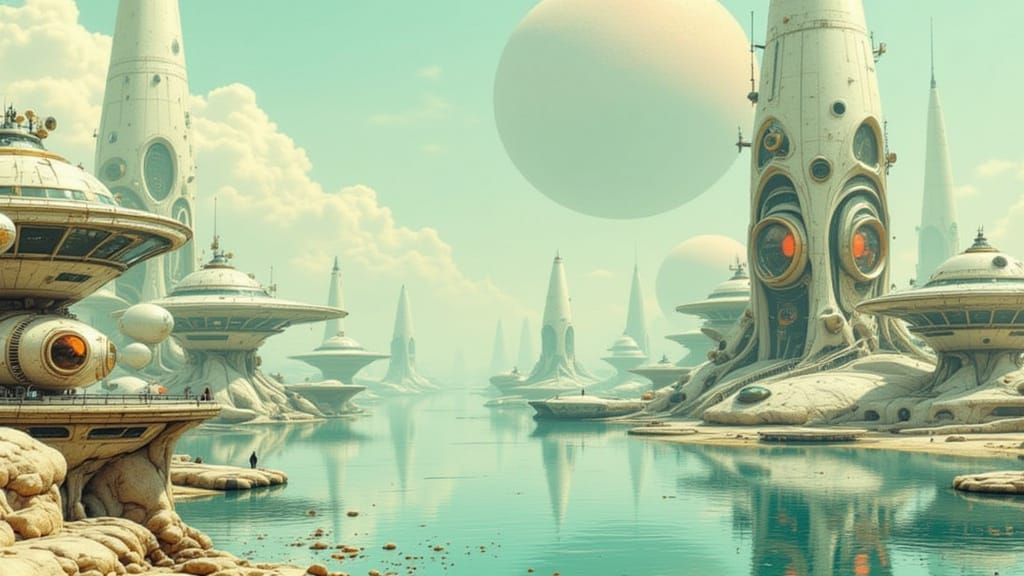 Retro-Sci-Fi Alien City by the Ocean