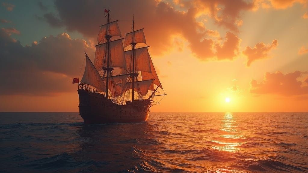 spanish galleon armada in a calm sea during a glorious sunse...