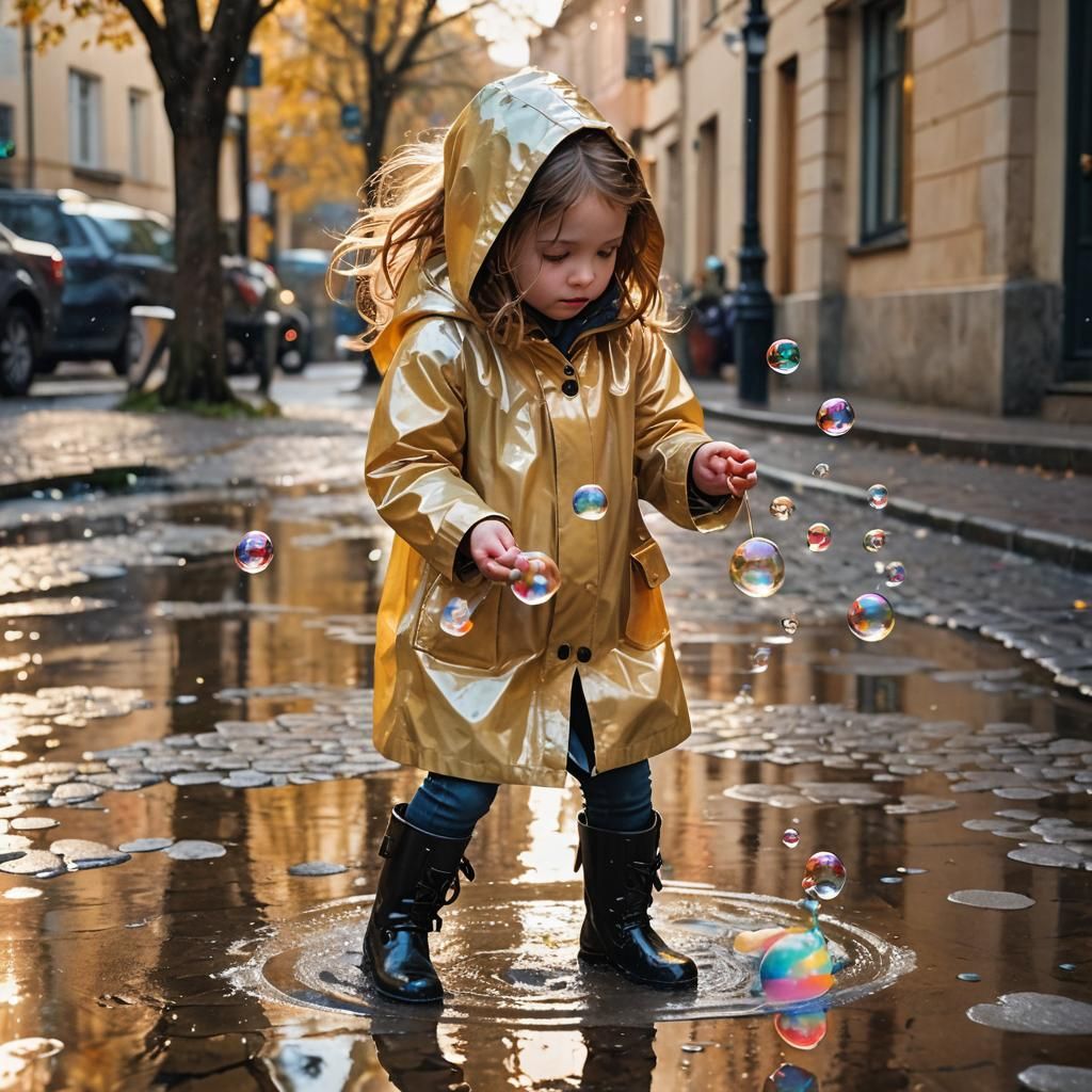 Impressionist Girl Blowing Bubbles in a Puddle