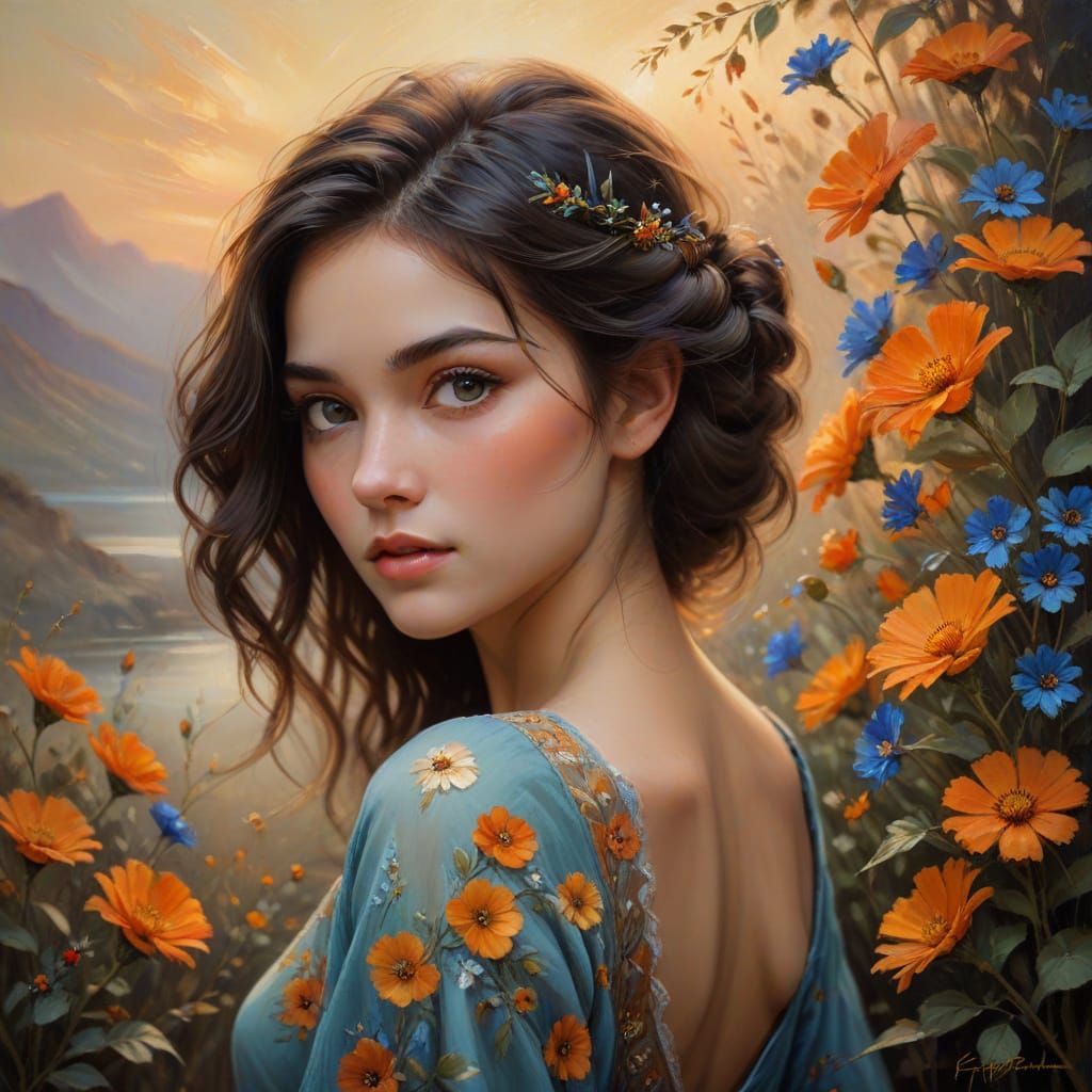 Oil Painting Portrait of Woman with Flower Adorned Hair