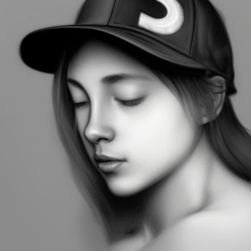 Detailed B&W Sketch of Girl in Baseball Cap