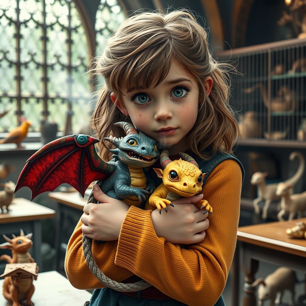 Teenage Hufflepuff Girl Hugs Winged Baby Dragons in Hogwarts...
