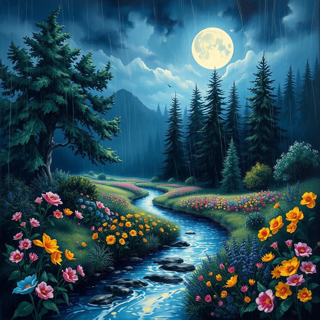 Lush garden scene during a gentle rain at night