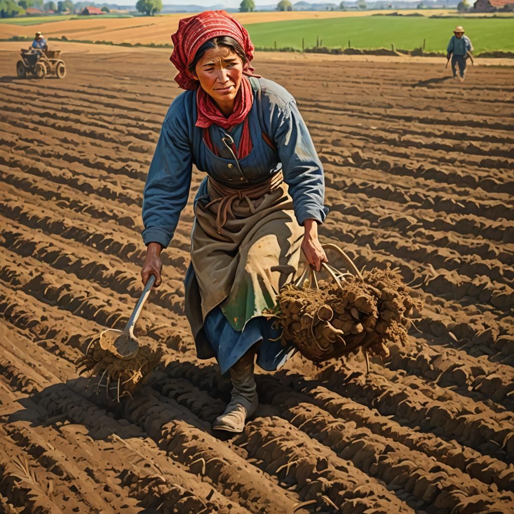 Peasant Woman Sowing Field: Hyperrealistic Art
