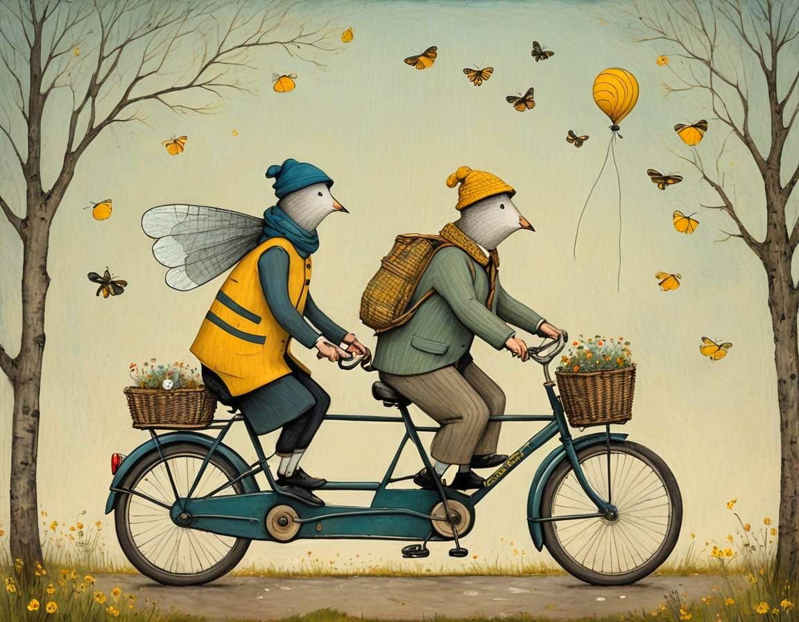 Whimsical Tandem Bike Ride in Naive Art Style