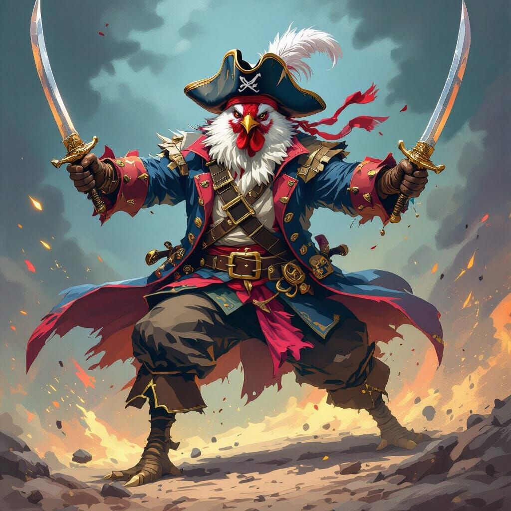 Chicken Pirate Charging into Battle, Vivid Art Style