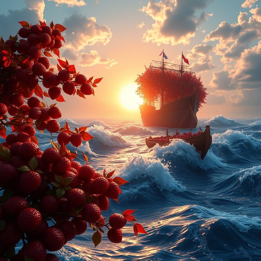 Strawberry Ship on Ocean Waves: Detailed Matte Painting