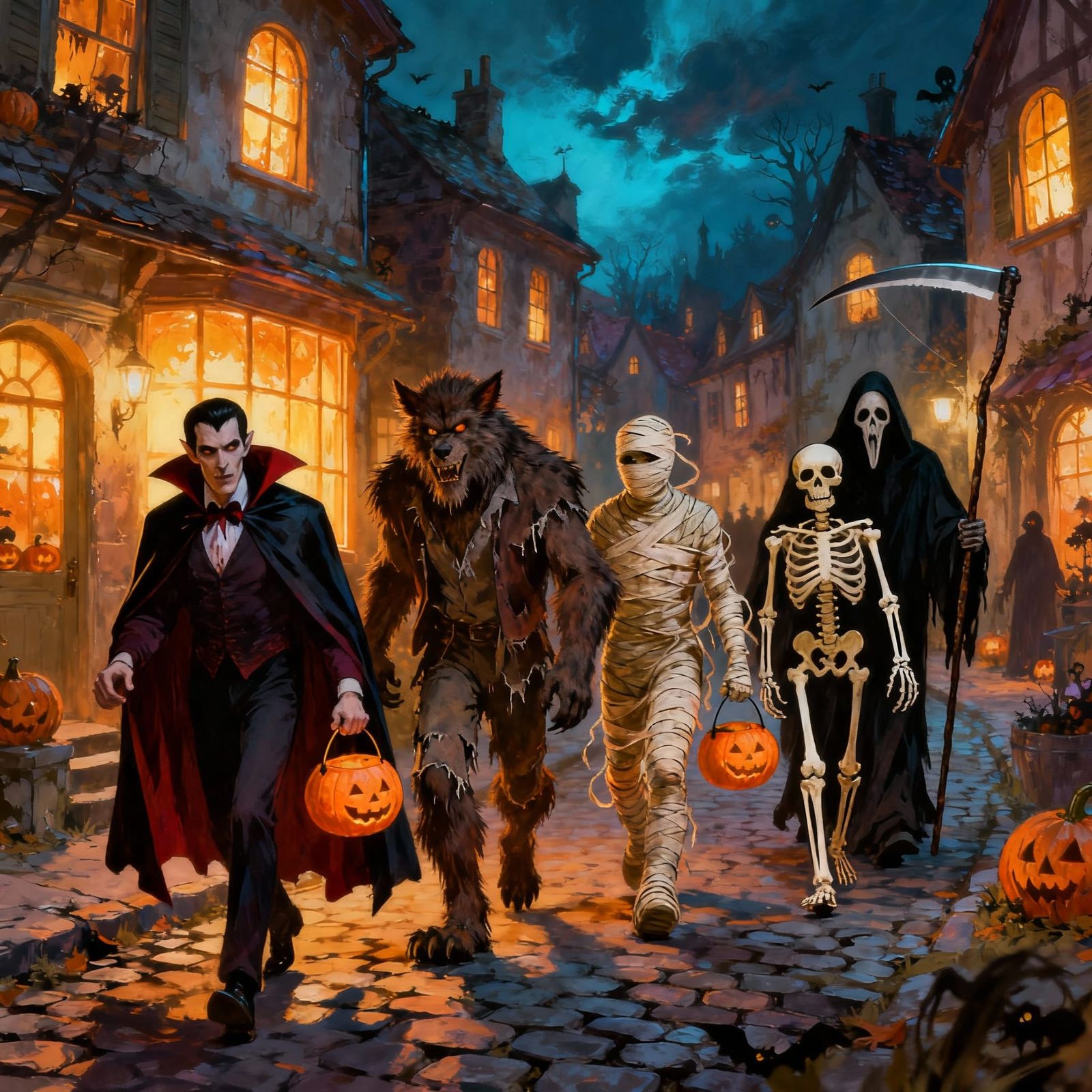 Classic Monsters Trick-or-Treating on Halloween Night