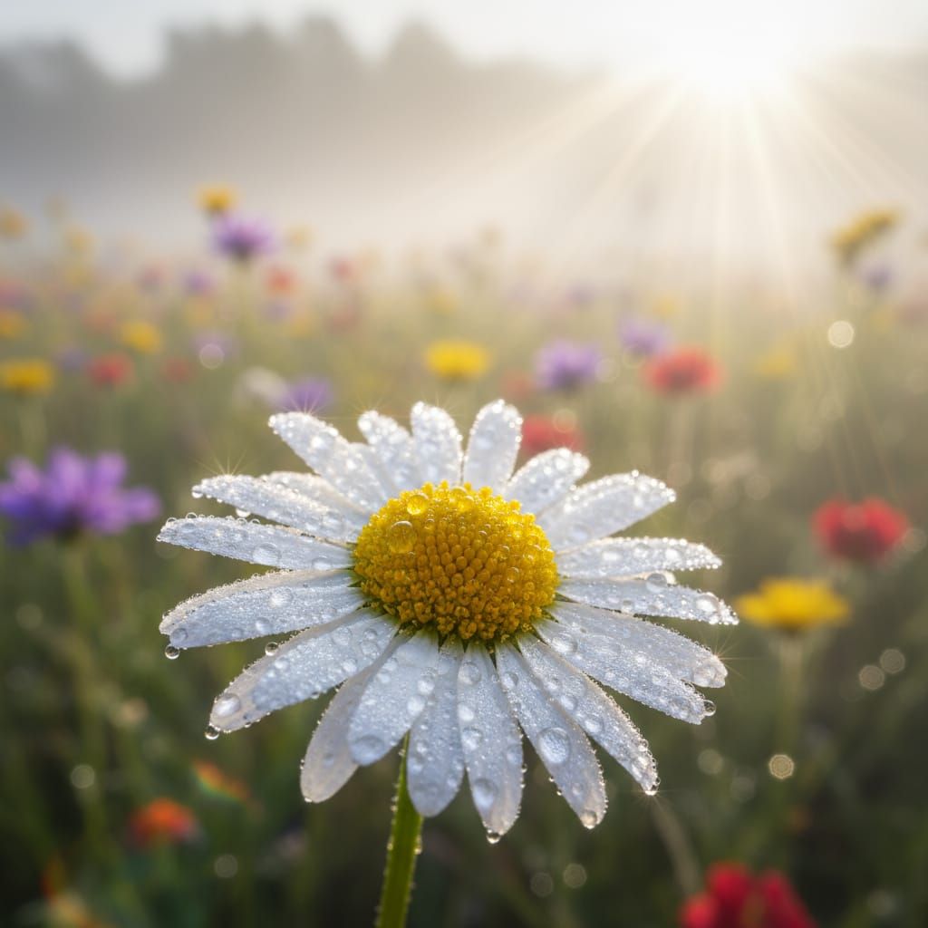 Macro Daisy with Dew Sparkles in Misty Meadow