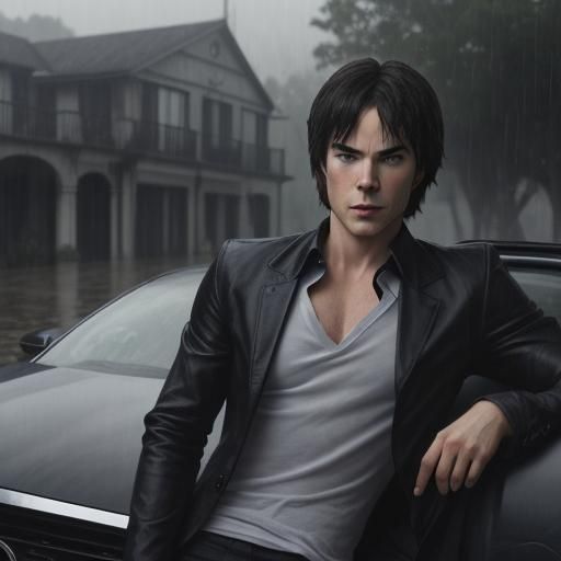 Damon Salvatore in Rainy Car Scene