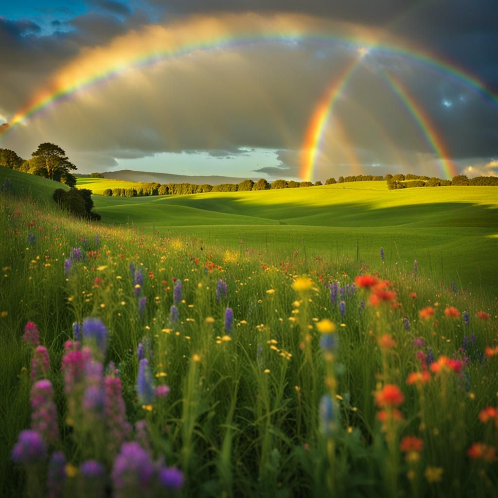 Vibrant Rainbow Landscape Photography with Lush Green Fields