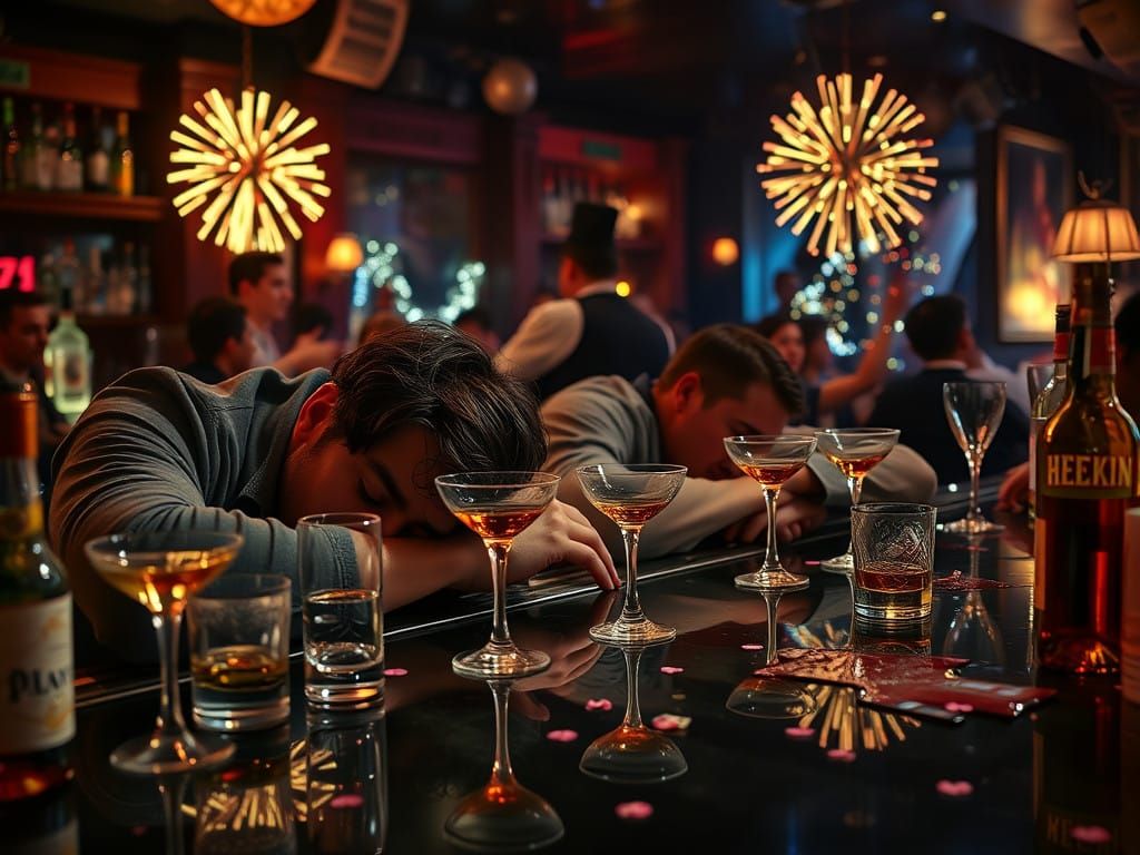 Sleepy Revelers in a Cocktail Bar After a New Year's Party