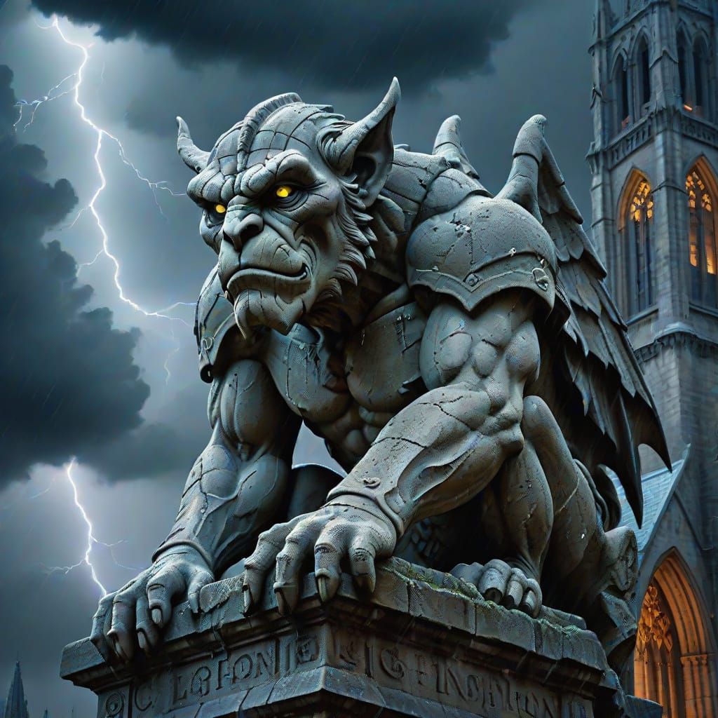 Ancient Gargoyle on Gothic Cathedral in Stormy Night